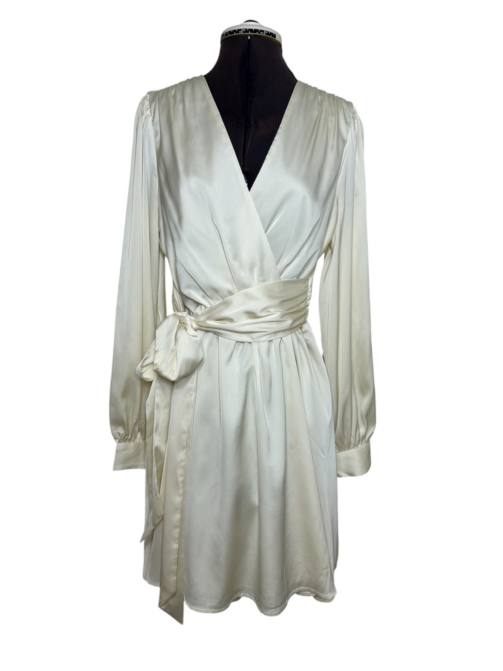 Express Satin Silky Feel Ivory Faux Wrap Belted Mini Dress M Versatile Wear